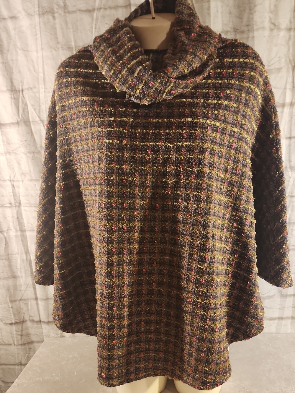 FA Olive Brown Tweed Cowl Neck Lightweight Cape Poncho w/ Multicolor Flecks